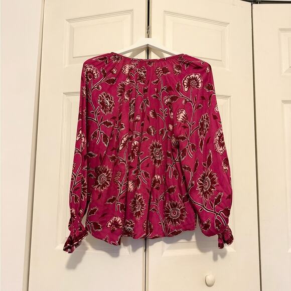 Anthropologie Omika Salena Peasant Blouse Pink Floral V-Neck Flowy Blouse Small - Picture 8 of 9